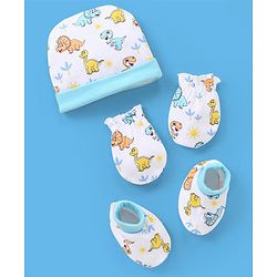 Babyhug 100% Cotton Cap Mittens & Booties Set Dinosaur Print - Blue