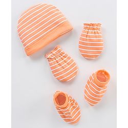Babyhug 100% Cotton Knit Striped Cap Mittens & Booties Set - Orange