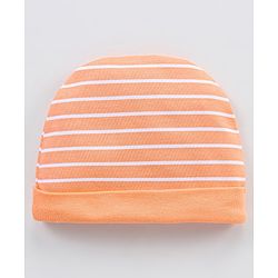 Babyhug 100% Cotton Knit Striped Cap Mittens & Booties Set - Orange