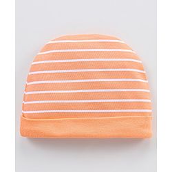 Babyhug 100% Cotton Knit Striped Cap Mittens & Booties Set - Orange