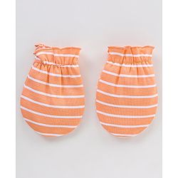 Babyhug 100% Cotton Knit Striped Cap Mittens & Booties Set - Orange