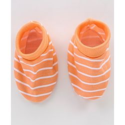 Babyhug 100% Cotton Knit Striped Cap Mittens & Booties Set - Orange