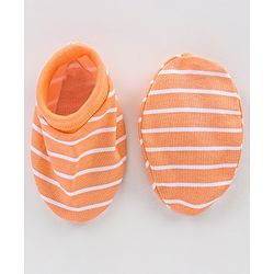 Babyhug 100% Cotton Knit Striped Cap Mittens & Booties Set - Orange