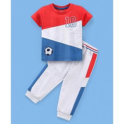 Babyhug Cotton Knit Half Sleeves T-Shirt & Lounge Pants Set Colour Block - Red Blue & White