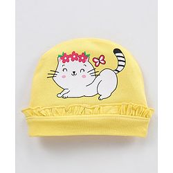 Babyhug Cotton Elastane Cap Kitty Print - Yellow