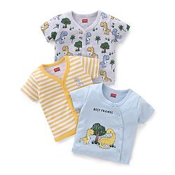 Babyhug 100% Cotton Front Open Dino Print Vests Pack of 3 - White Blue & Yellow