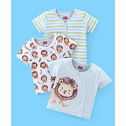 Babyhug 100% Cotton Knit Half Sleeves Front Open Jhablas Stripes & Lion Print Pack of 3 - Multicolour