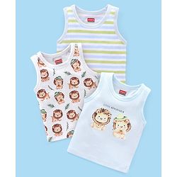 Babyhug 100% Cotton Sandos Stripes & Lion Print Pack of 3 - Blue Grey & Green