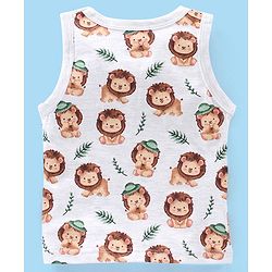 Babyhug 100% Cotton Sandos Stripes & Lion Print Pack of 3 - Blue Grey & Green