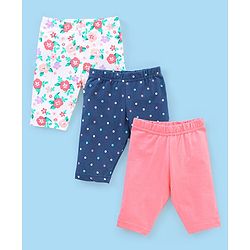 Babyhug Cotton Lycra Three Fourth Length Leggings Polka Dots & Floral Print Pack of 3- Pink & Blue