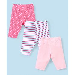 Babyhug Cotton Lycra Three Fourth Length Leggings Stripes & Heart Print Pack of 3- Pink & Blue