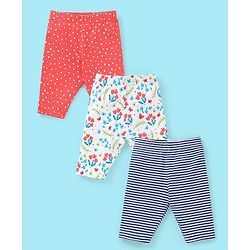 Babyhug Three Fourth Length Lycra Leggings Floral Print Pack of 3 - Red & Blue