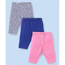 Babyhug Three Fourth Length Lycra Leggings Heart Print Pack of 3 - Pink & Blue