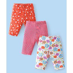 Babyhug Cotton Lycra Three Fourth Length Leggings Floral Print Pack Of 3- Red White & Pink