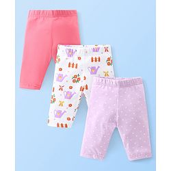 Babyhug Cotton Three Fourth Lycra Leggings Dot & Floral Print Pack Of 3- Pink White & Purple