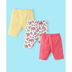 Babyhug Cotton Three Fourth Lycra Leggings Striped & Floral Print Pack Of 3- Yellow White & Pink