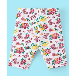 Babyhug Cotton Three Fourth Lycra Leggings Striped & Floral Print Pack Of 3- Yellow White & Pink