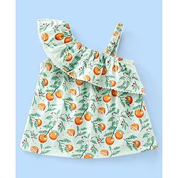 Babyhug 100% Cotton Knit Sleeveless Top with Ruffle Detailing & Fruity Print - Green
