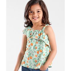 Babyhug 100% Cotton Knit Sleeveless Top with Ruffle Detailing & Fruity Print - Green