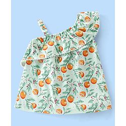 Babyhug 100% Cotton Knit Sleeveless Top with Ruffle Detailing & Fruity Print - Green