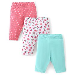 Babyhug Cotton Lycra Knit Capri Length Leggings Floral & Polka Dots Print Pack of 3 - Pink White & Turquoise