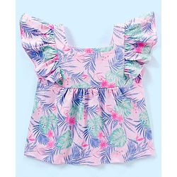 Babyhug 100% Cotton Knit Half Sleeves Tee with Frill Detailing Floral Print - Light Pink