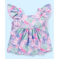 Babyhug 100% Cotton Knit Half Sleeves Tee with Frill Detailing Floral Print - Light Pink