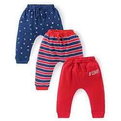 Babyhug Cotton Full Length Diaper Pants Stripes &  Text Print Pack Of 3- Red & Blue