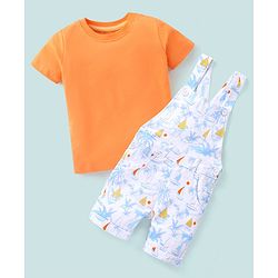 Babyhug 100% Cotton Dungaree & Half Sleeves T-Shirt with Palms Trees & Boat Print - Orange & White