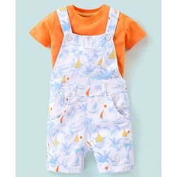 Babyhug 100% Cotton Dungaree & Half Sleeves T-Shirt with Palms Trees & Boat Print - Orange & White