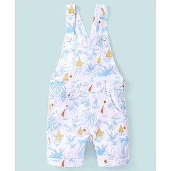Babyhug 100% Cotton Dungaree & Half Sleeves T-Shirt with Palms Trees & Boat Print - Orange & White