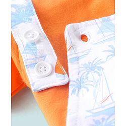 Babyhug 100% Cotton Dungaree & Half Sleeves T-Shirt with Palms Trees & Boat Print - Orange & White