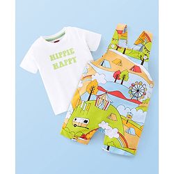 Babyhug 100% Cotton Knit Half Sleeves T-Shirt & Dungaree Set Tent Print - White & Green