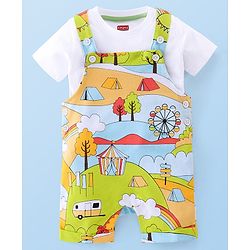 Babyhug 100% Cotton Knit Half Sleeves T-Shirt & Dungaree Set Tent Print - White & Green