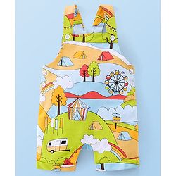 Babyhug 100% Cotton Knit Half Sleeves T-Shirt & Dungaree Set Tent Print - White & Green
