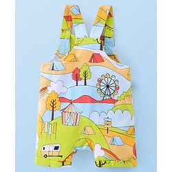 Babyhug 100% Cotton Knit Half Sleeves T-Shirt & Dungaree Set Tent Print - White & Green