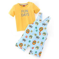 Babyhug 100% Cotton Half Sleeves Tee & Dungaree Set Lion & Text Print- Yellow & Blue