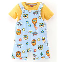 Babyhug 100% Cotton Half Sleeves Tee & Dungaree Set Lion & Text Print- Yellow & Blue