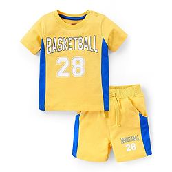 Babyhug 100% Cotton Half Sleeves Basket Ball Text Print T-Shirt & Shorts - Yellow