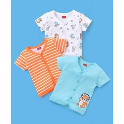 Babyhug 100% Cotton Half Sleeves Vests Stripes & Panda Print Pack of 3 - Turquoise Orange & White