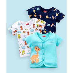 Babyhug 100% Cotton Knit Half Sleeves Set of Vests Dino Print Pack of 3 - Multicolor