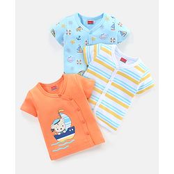 Babyhug 100% Cotton Vests Striped & Boat Print Pack of 3 - Orange Blue & White