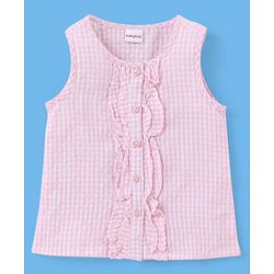 Babyhug Cotton Sleeveless Seer Sucker Checked Woven Top With Frill Detailing- Pink