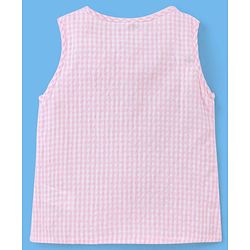 Babyhug Cotton Sleeveless Seer Sucker Checked Woven Top With Frill Detailing- Pink