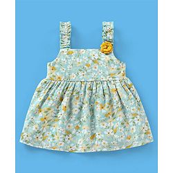 Babyhug 100% Rayon Singlet Sleeves Top With Smocking & Corsage Detailing Floral Print - Mint