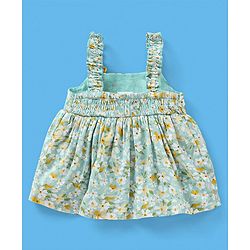 Babyhug 100% Rayon Singlet Sleeves Top With Smocking & Corsage Detailing Floral Print - Mint