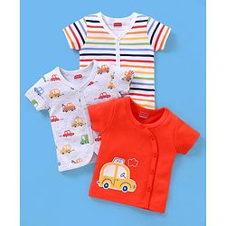 Babyhug 100% Cotton Vests Striped & Cars Print Pack of 3 - Red Grey & White