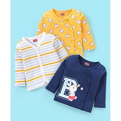 Babyhug 100% Cotton Full Sleeves Vest Stripes & Tennis Ball Print Pack Of 3- Blue & Yellow