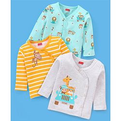 Babyhug 100% Cotton Full Sleeves Vests Striped & Lion Print Pack of 3 - Yellow Grey & Green