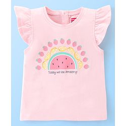Babyhug 100% Cotton Half Sleeves Tee With Fruit Graphics & Frill Detailing- Peach
